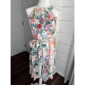 Walter Dress Womens Medium Multicolor Floral Silk Halter Belted Style Watercolor